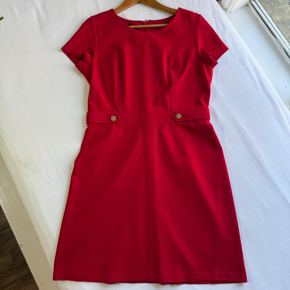 Talbots Petites Red Ponte Sheath Dress Gold Button Waist 10P Professional Office